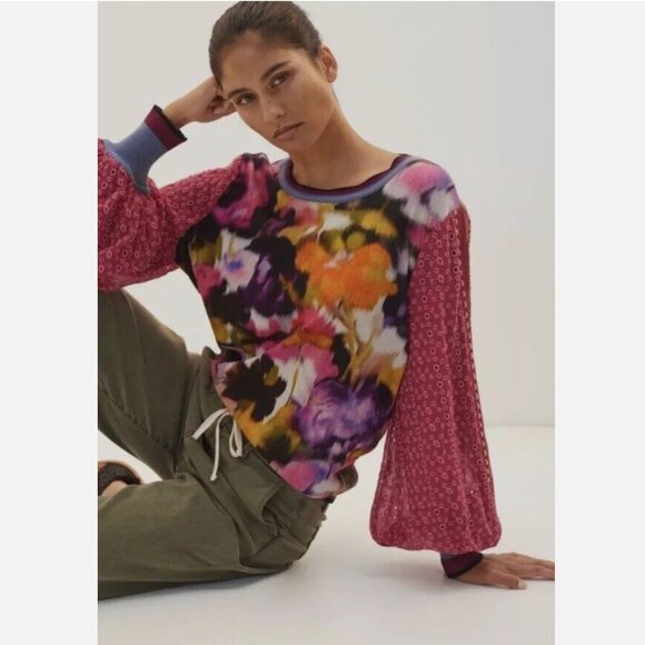 Anthropologie Bl-nk London Pullover Blouse S Pink Contrast Eyelet Puff Sleeve - Picture 3 of 13